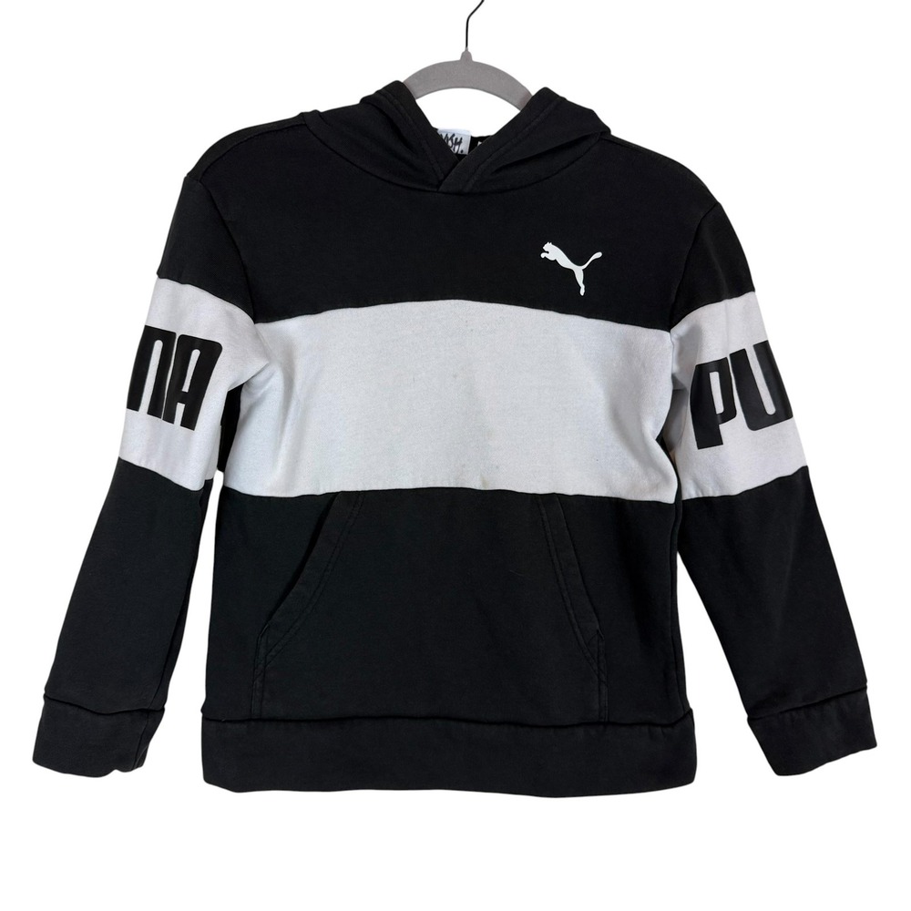 PUMA Hoodie Sweatshirt‎ Kids M 10-12 Black White Pullover Fleece Kangaroo Pocket
